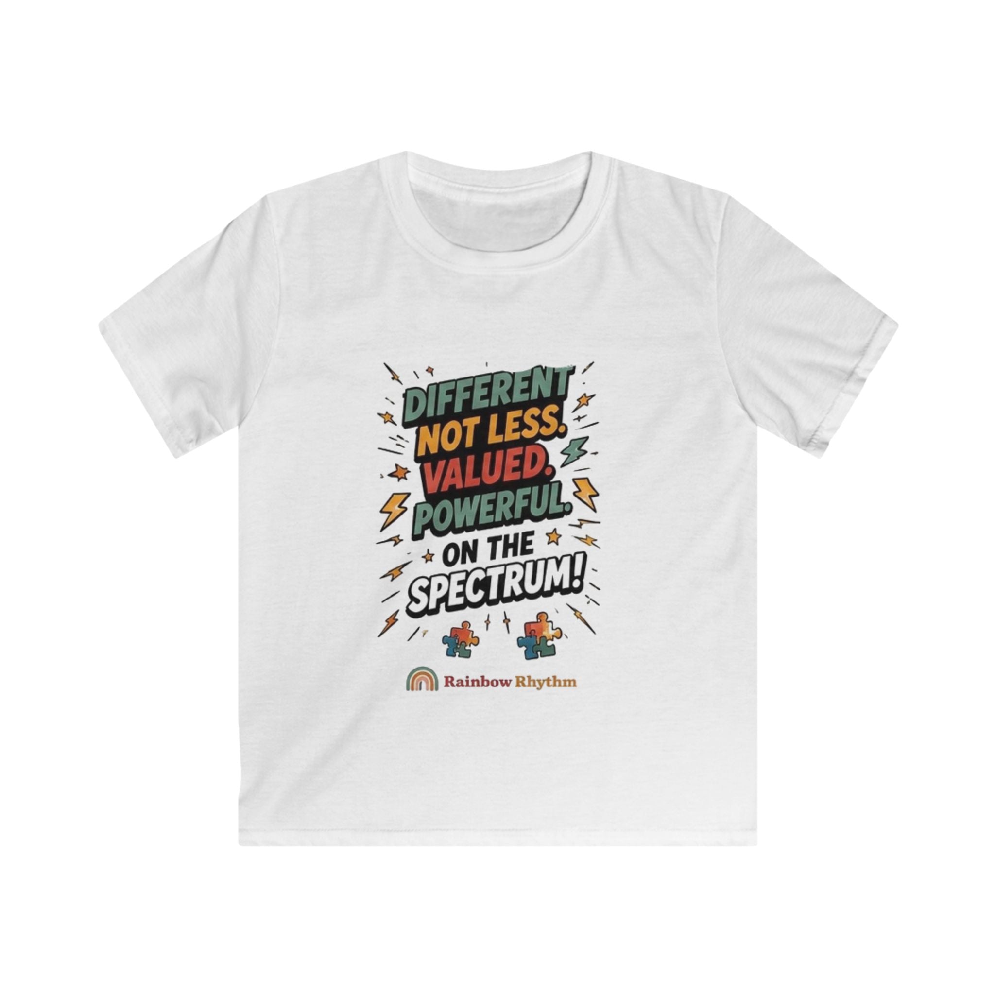 Autism Pride Kids Tee — "Different Not Less, Valued, Powerful on the Spectrum"