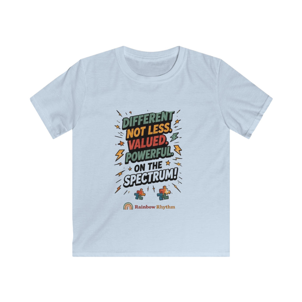 Autism Pride Kids Tee — "Different Not Less, Valued, Powerful on the Spectrum"