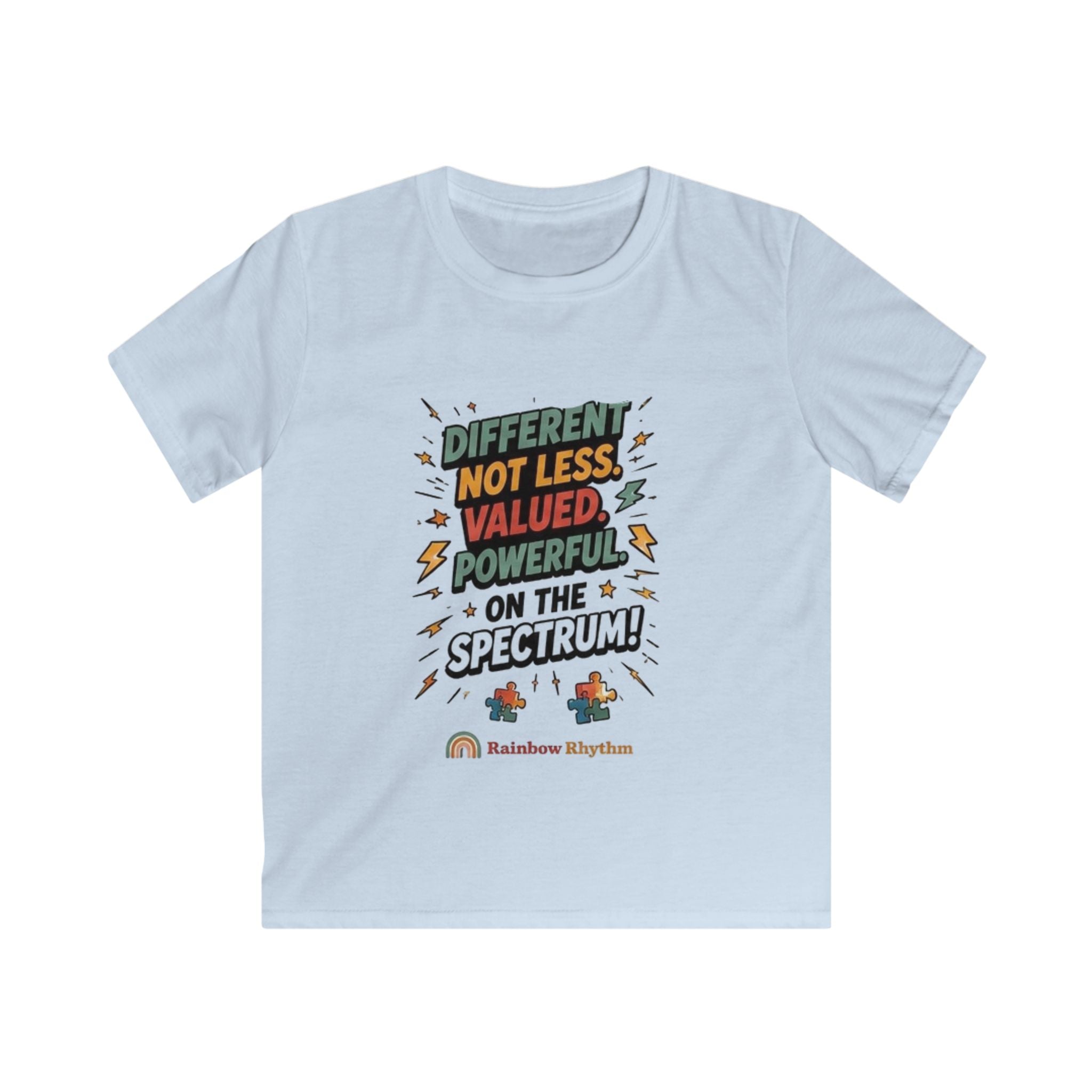 Autism Pride Kids Tee — "Different Not Less, Valued, Powerful on the Spectrum"