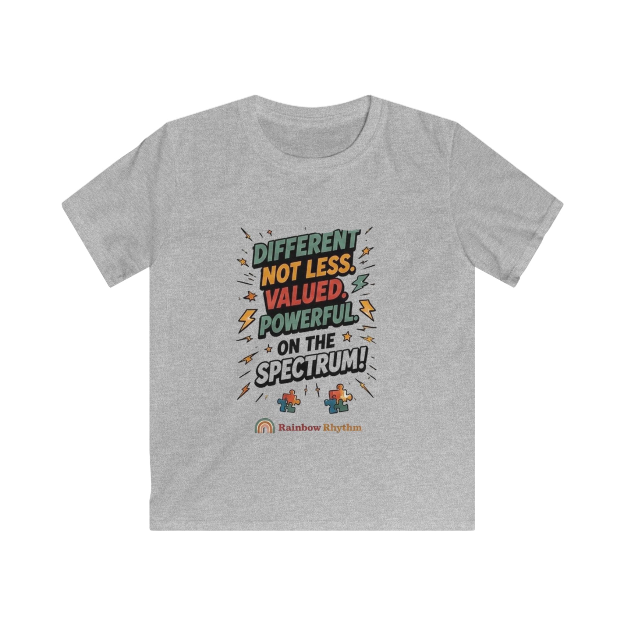 Autism Pride Kids Tee — "Different Not Less, Valued, Powerful on the Spectrum"