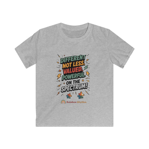 Autism Pride Kids Tee — "Different Not Less, Valued, Powerful on the Spectrum"